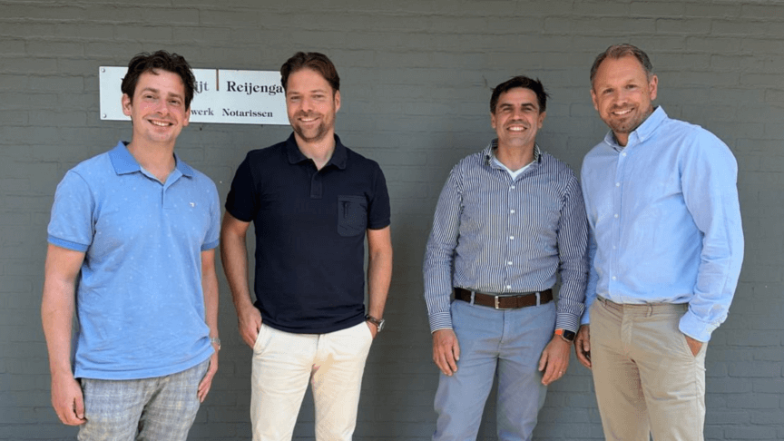 Voormalige Protakt eigenaren Jeffrey Koomen en Robin Ruiter. En AKOS eigenaren en nieuwe directie Protakt Ferry Boers en Reinier Jansen